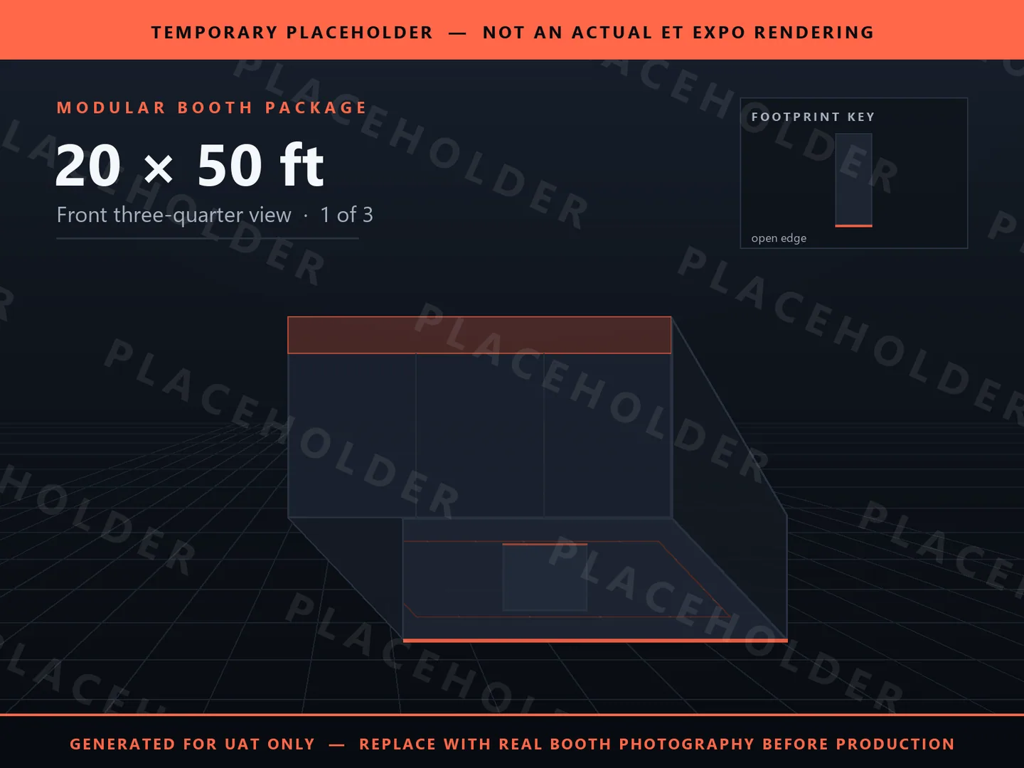 Placeholder graphic for 20 x 50 ft Inline Booth. Schematic massing only, not an actual ET EXPO booth rendering.