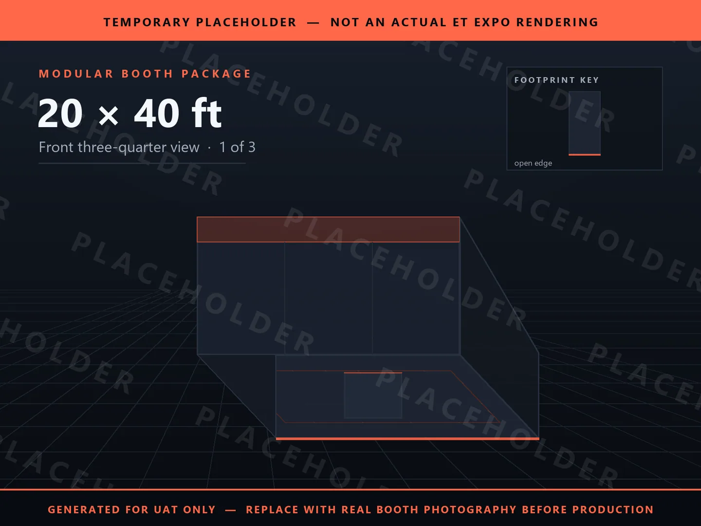 Placeholder graphic for 20 x 40 ft Inline Booth. Schematic massing only, not an actual ET EXPO booth rendering.