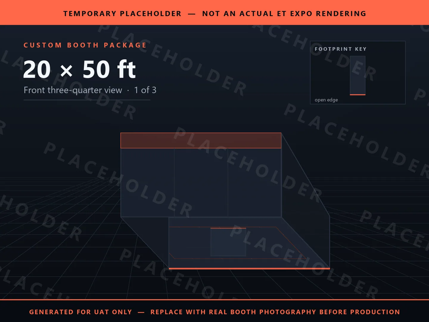 Placeholder graphic for 20 x 50 ft Inline Booth. Schematic massing only, not an actual ET EXPO booth rendering.