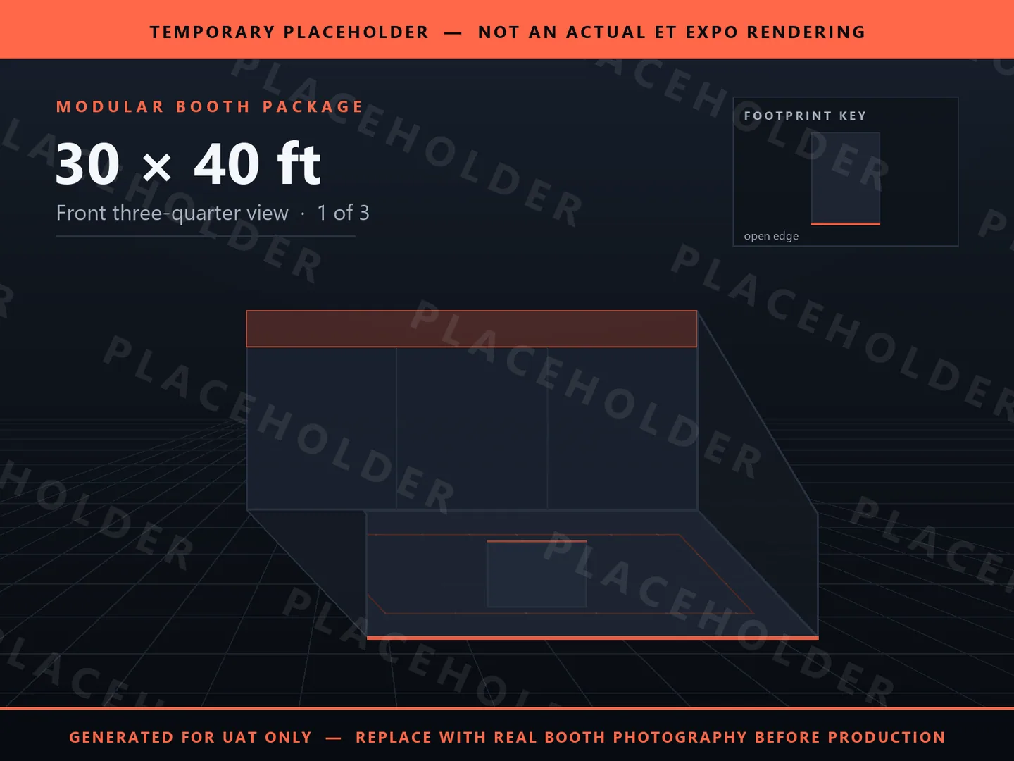 Placeholder graphic for 30 x 40 ft Inline Booth. Schematic massing only, not an actual ET EXPO booth rendering.