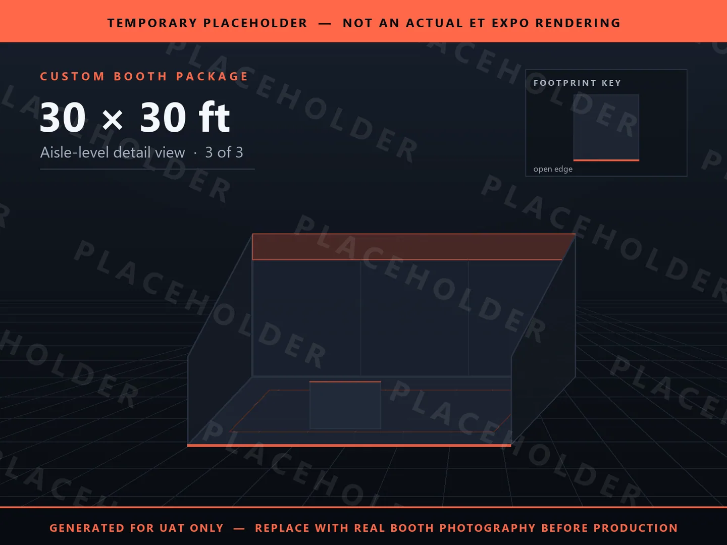 Placeholder graphic for 30 x 30 ft Inline Booth. Schematic massing only, not an actual ET EXPO booth rendering.