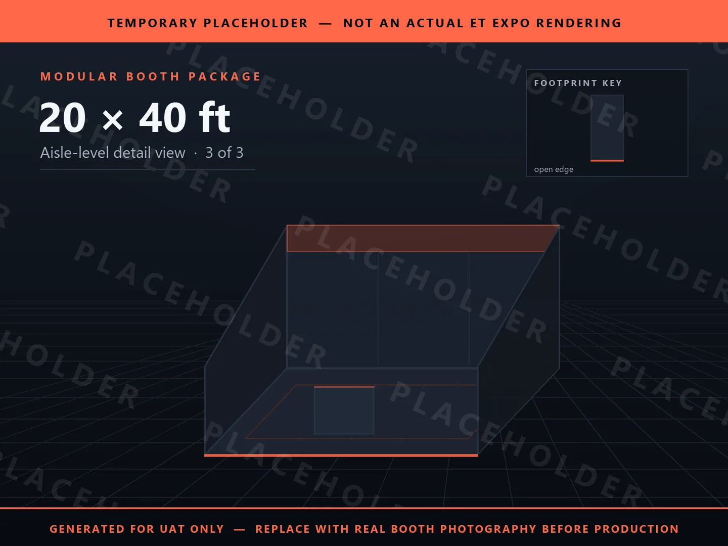 Placeholder graphic for 20 x 40 ft Inline Booth. Schematic massing only, not an actual ET EXPO booth rendering.