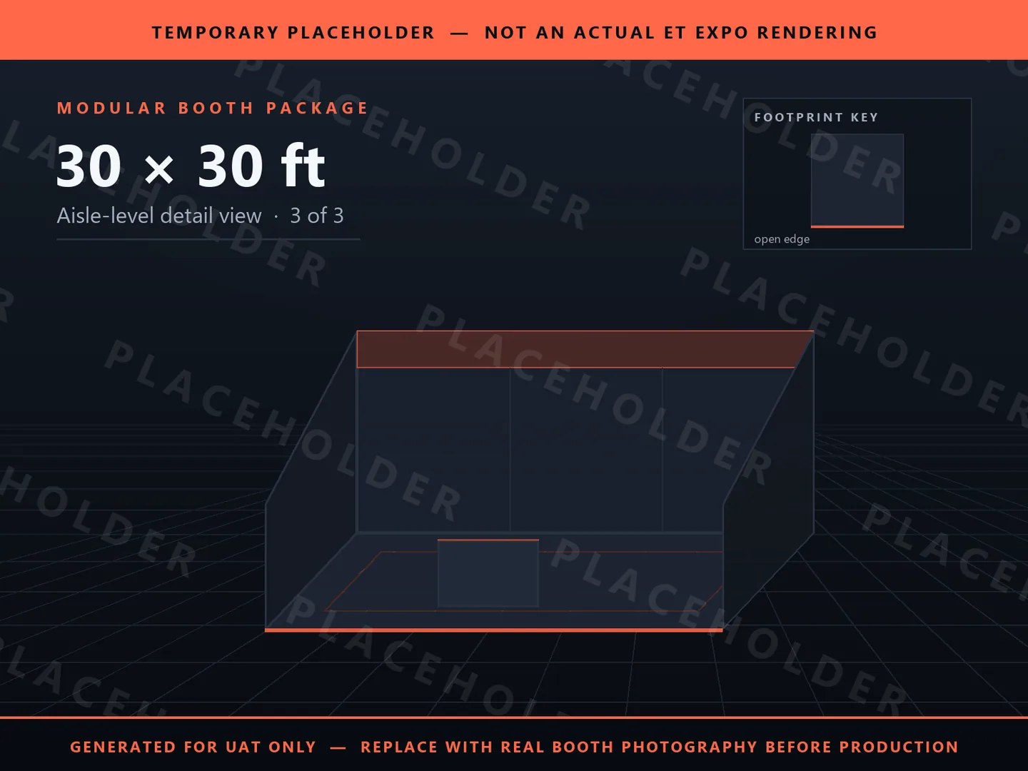 Placeholder graphic for 30 x 30 ft Inline Booth. Schematic massing only, not an actual ET EXPO booth rendering.