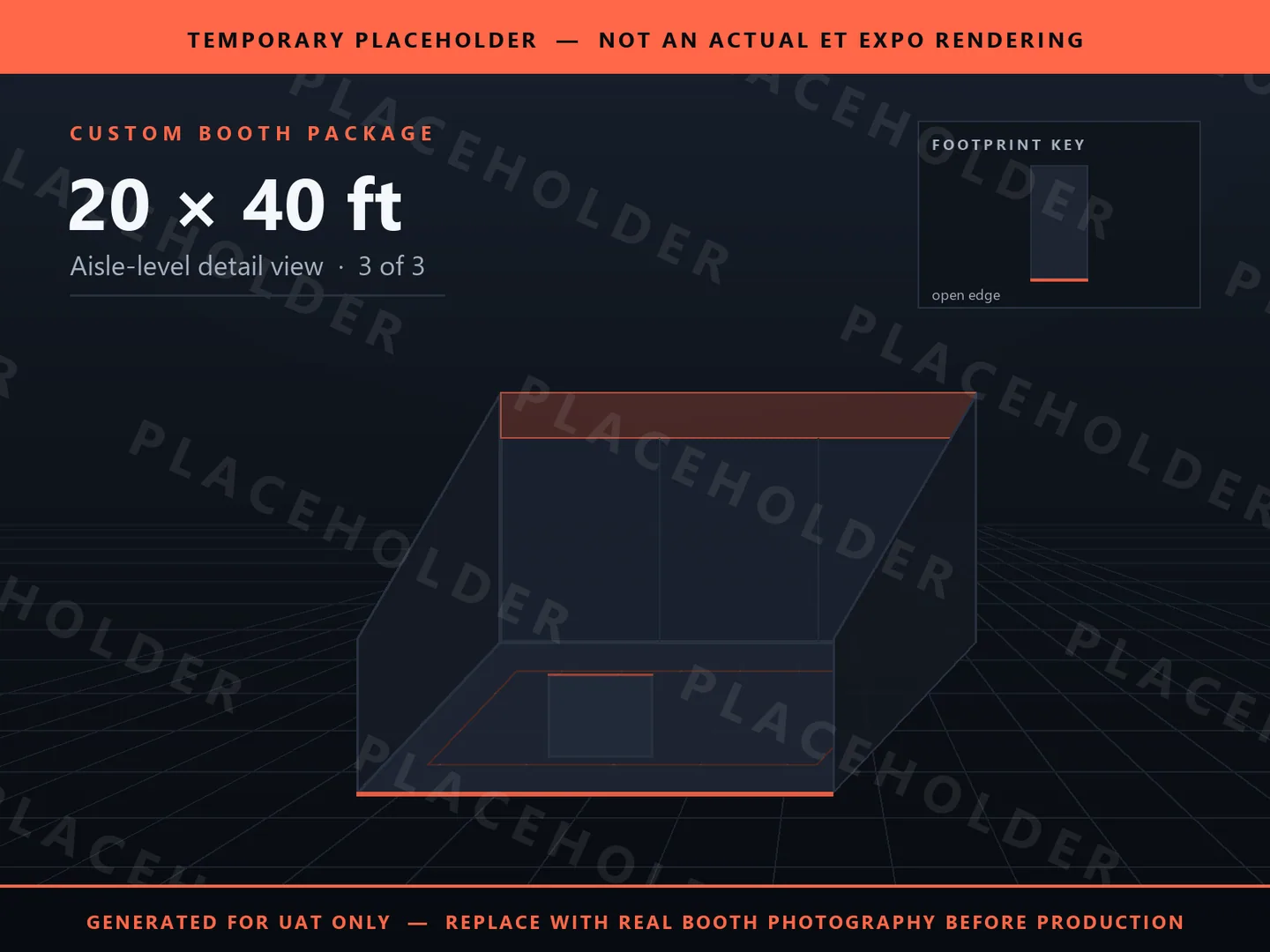 Placeholder graphic for 20 x 40 ft Inline Booth. Schematic massing only, not an actual ET EXPO booth rendering.