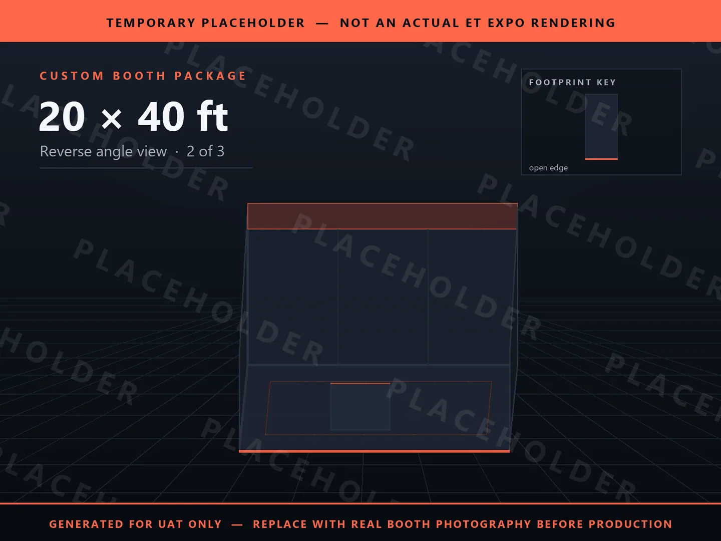 Placeholder graphic for 20 x 40 ft Inline Booth. Schematic massing only, not an actual ET EXPO booth rendering.