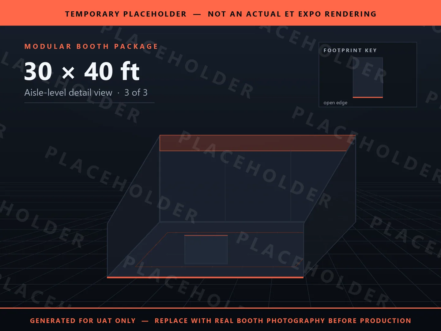 Placeholder graphic for 30 x 40 ft Inline Booth. Schematic massing only, not an actual ET EXPO booth rendering.