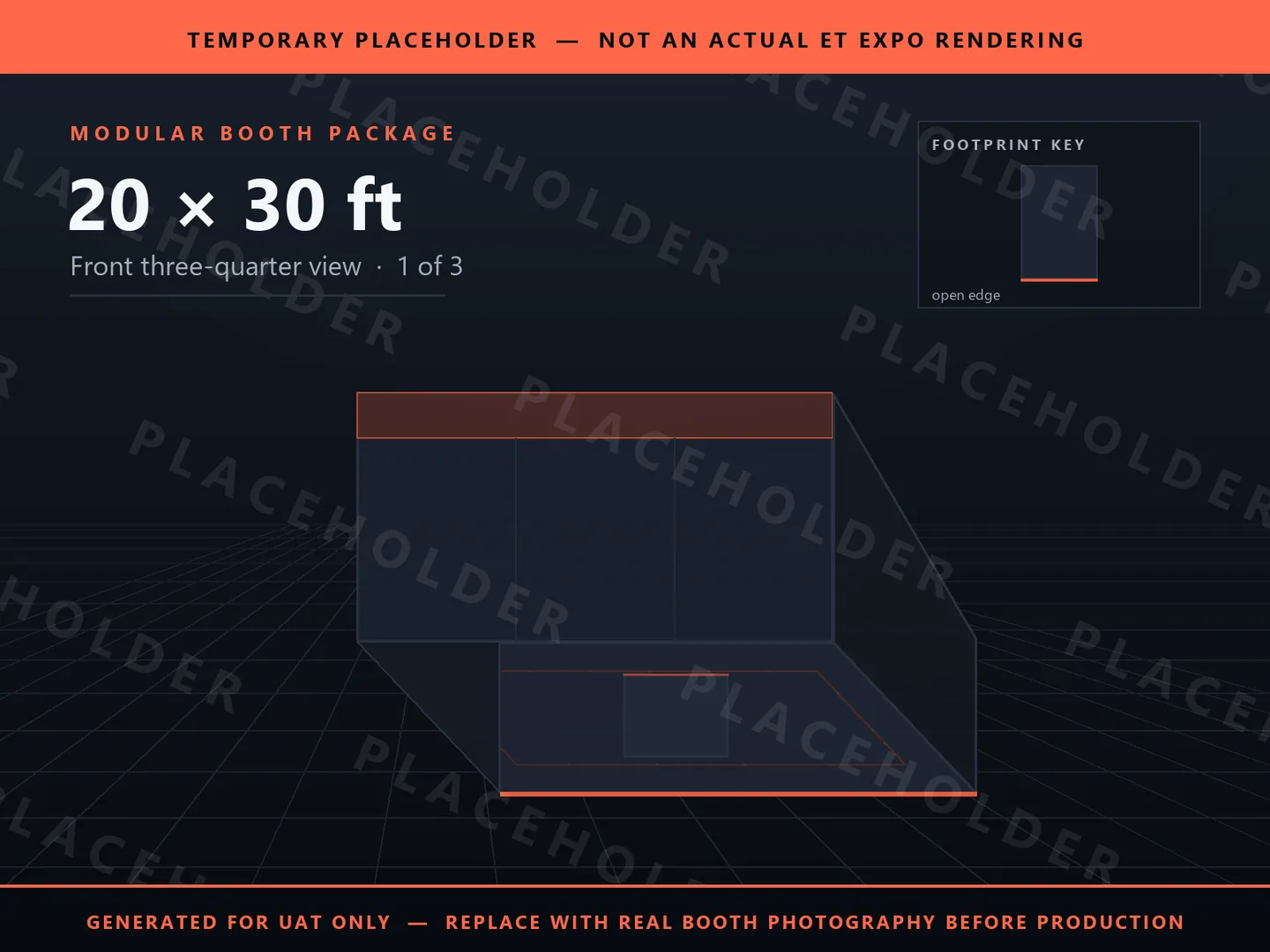 Placeholder graphic for 20 x 30 ft Inline Booth. Schematic massing only, not an actual ET EXPO booth rendering.