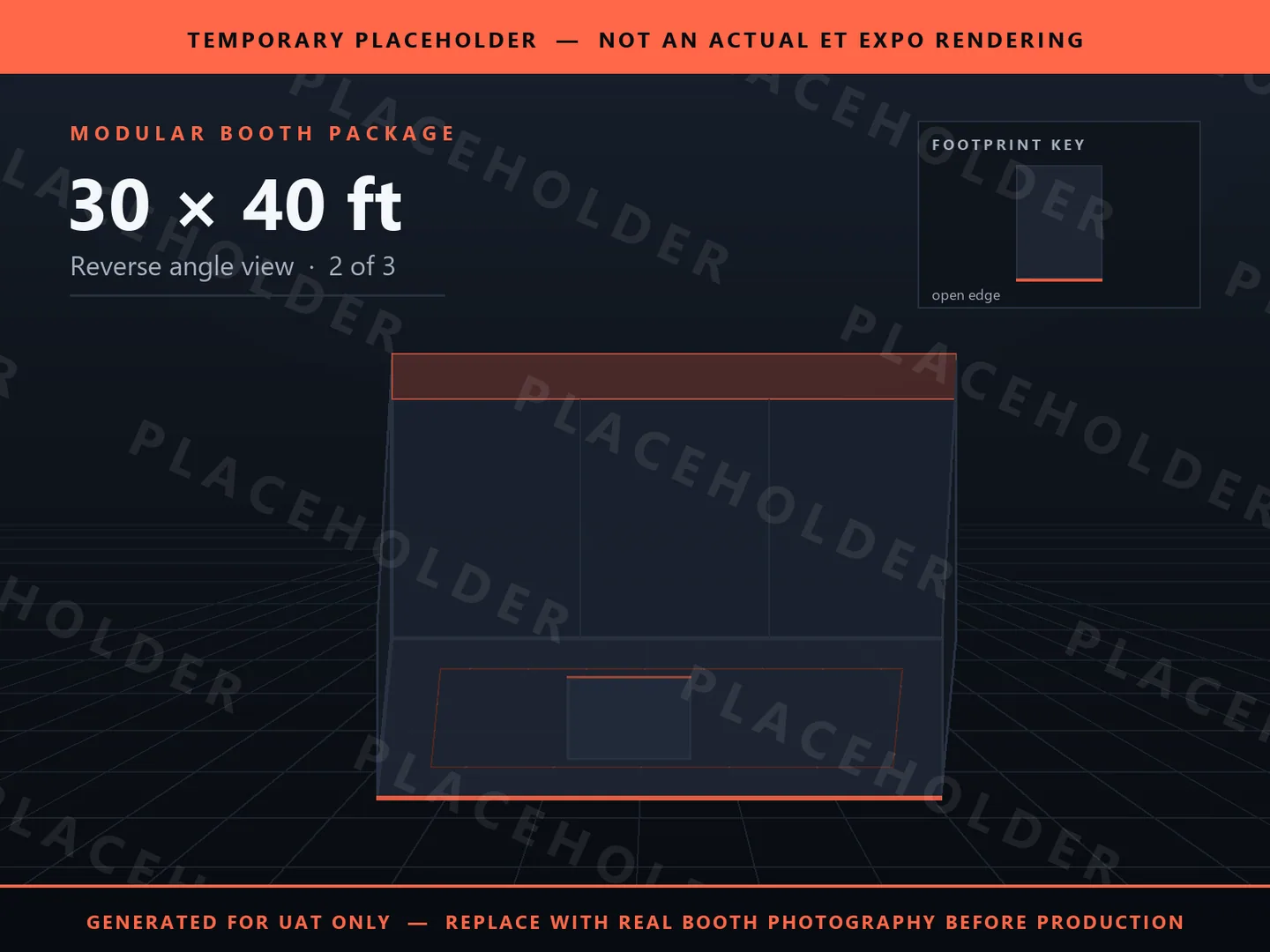 Placeholder graphic for 30 x 40 ft Inline Booth. Schematic massing only, not an actual ET EXPO booth rendering.