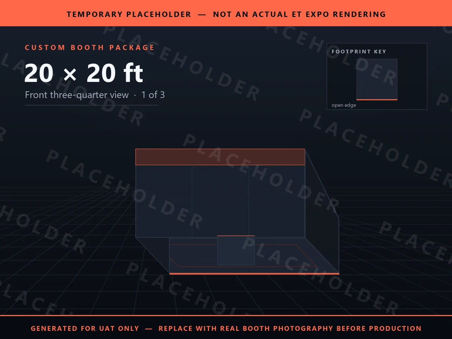 Placeholder graphic for 20 x 20 ft Inline Booth. Schematic massing only, not an actual ET EXPO booth rendering.