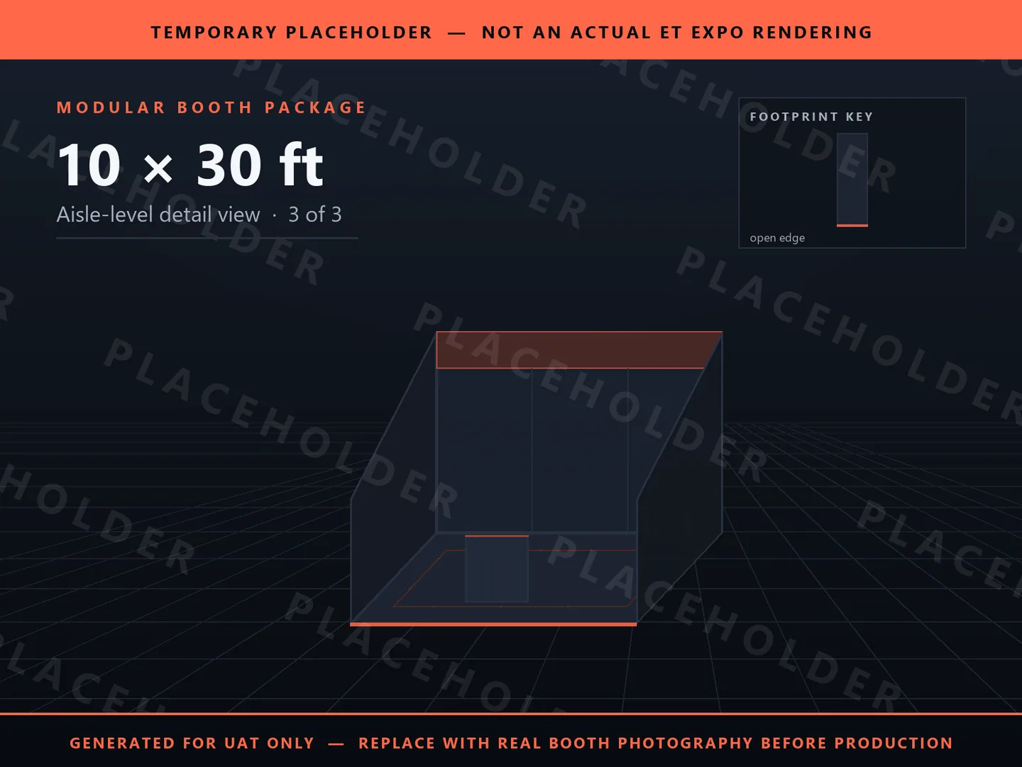 Placeholder graphic for 10 x 30 ft Inline Booth. Schematic massing only, not an actual ET EXPO booth rendering.