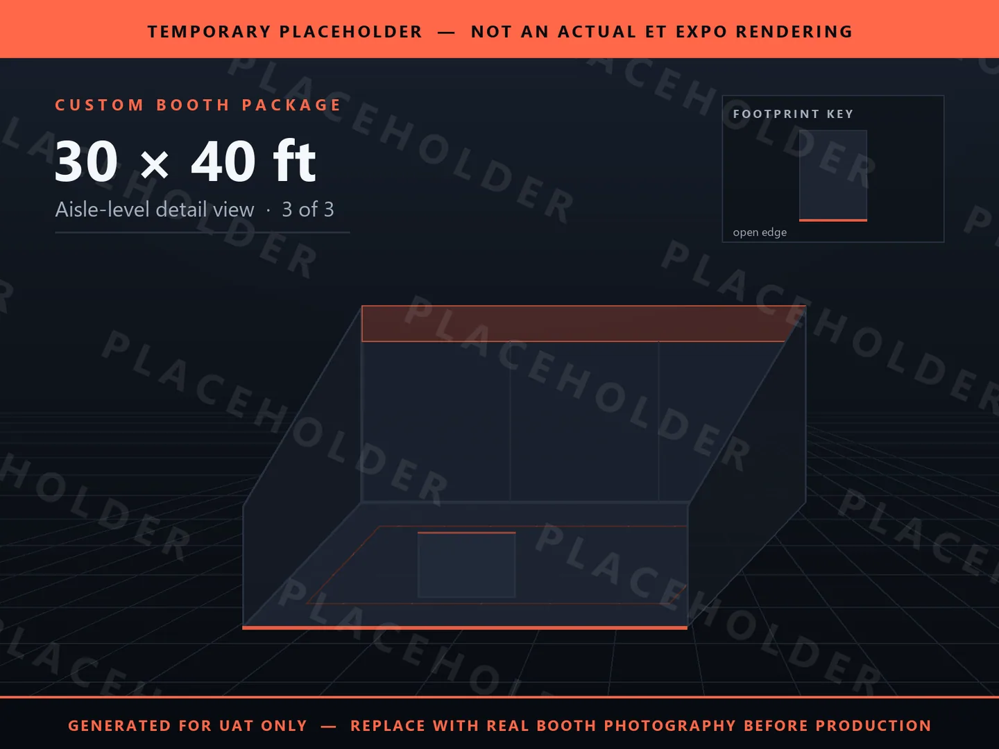 Placeholder graphic for 30 x 40 ft Inline Booth. Schematic massing only, not an actual ET EXPO booth rendering.