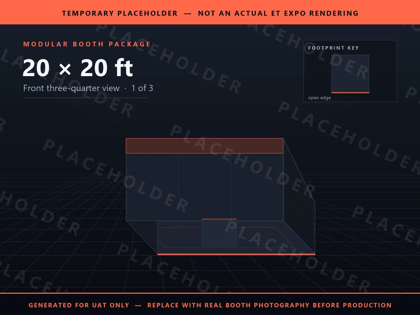 Placeholder graphic for 20 x 20 ft Inline Booth. Schematic massing only, not an actual ET EXPO booth rendering.