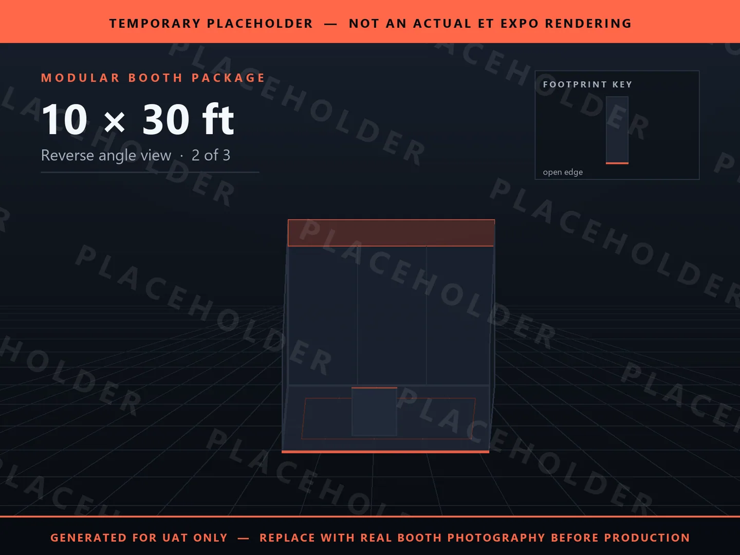 Placeholder graphic for 10 x 30 ft Inline Booth. Schematic massing only, not an actual ET EXPO booth rendering.