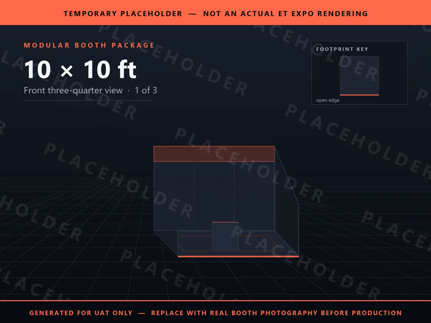 Placeholder graphic for 10 x 10 ft Inline Booth. Schematic massing only, not an actual ET EXPO booth rendering.