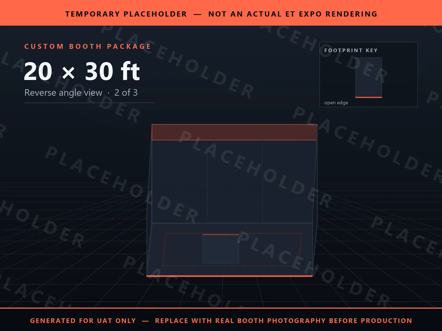 Placeholder graphic for 20 x 30 ft Inline Booth. Schematic massing only, not an actual ET EXPO booth rendering.