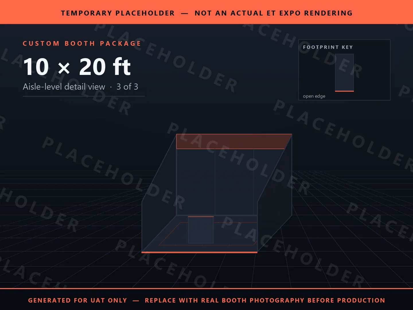 Placeholder graphic for 10 x 20 ft Inline Booth. Schematic massing only, not an actual ET EXPO booth rendering.
