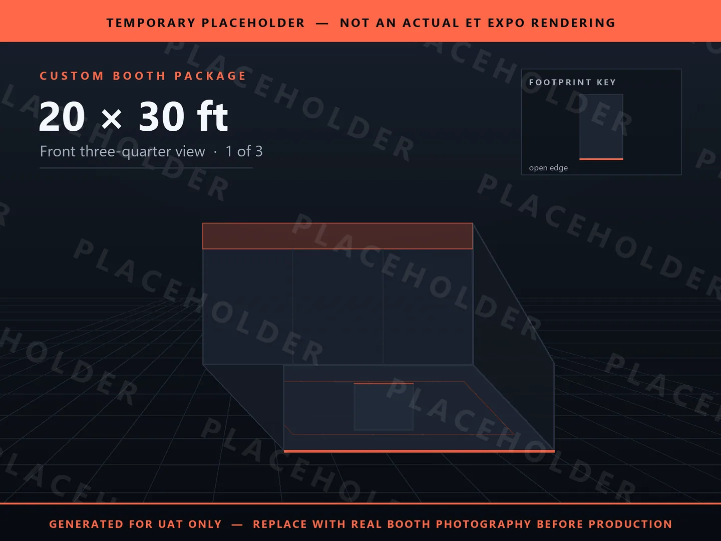 Placeholder graphic for 20 x 30 ft Inline Booth. Schematic massing only, not an actual ET EXPO booth rendering.