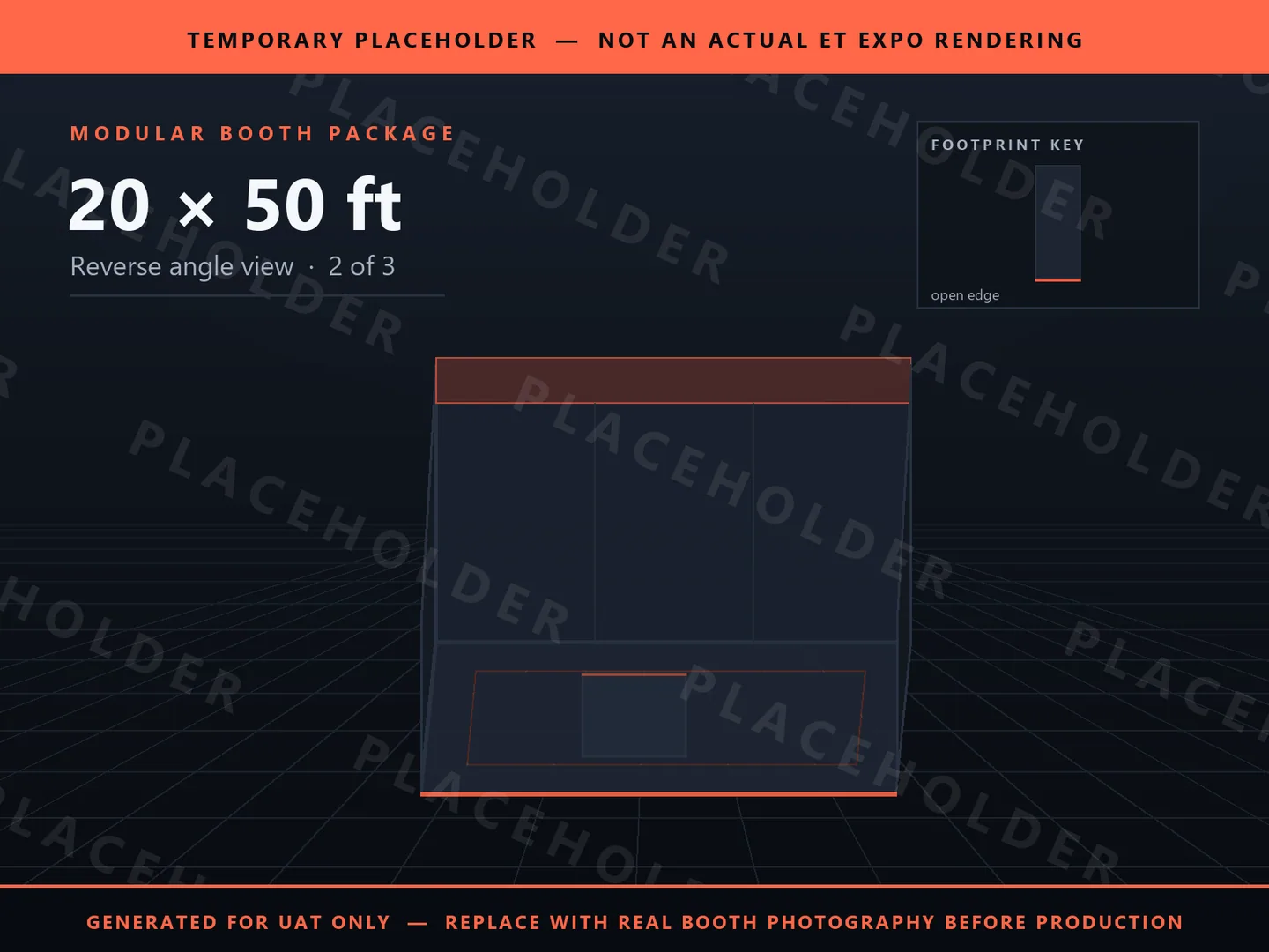 Placeholder graphic for 20 x 50 ft Inline Booth. Schematic massing only, not an actual ET EXPO booth rendering.