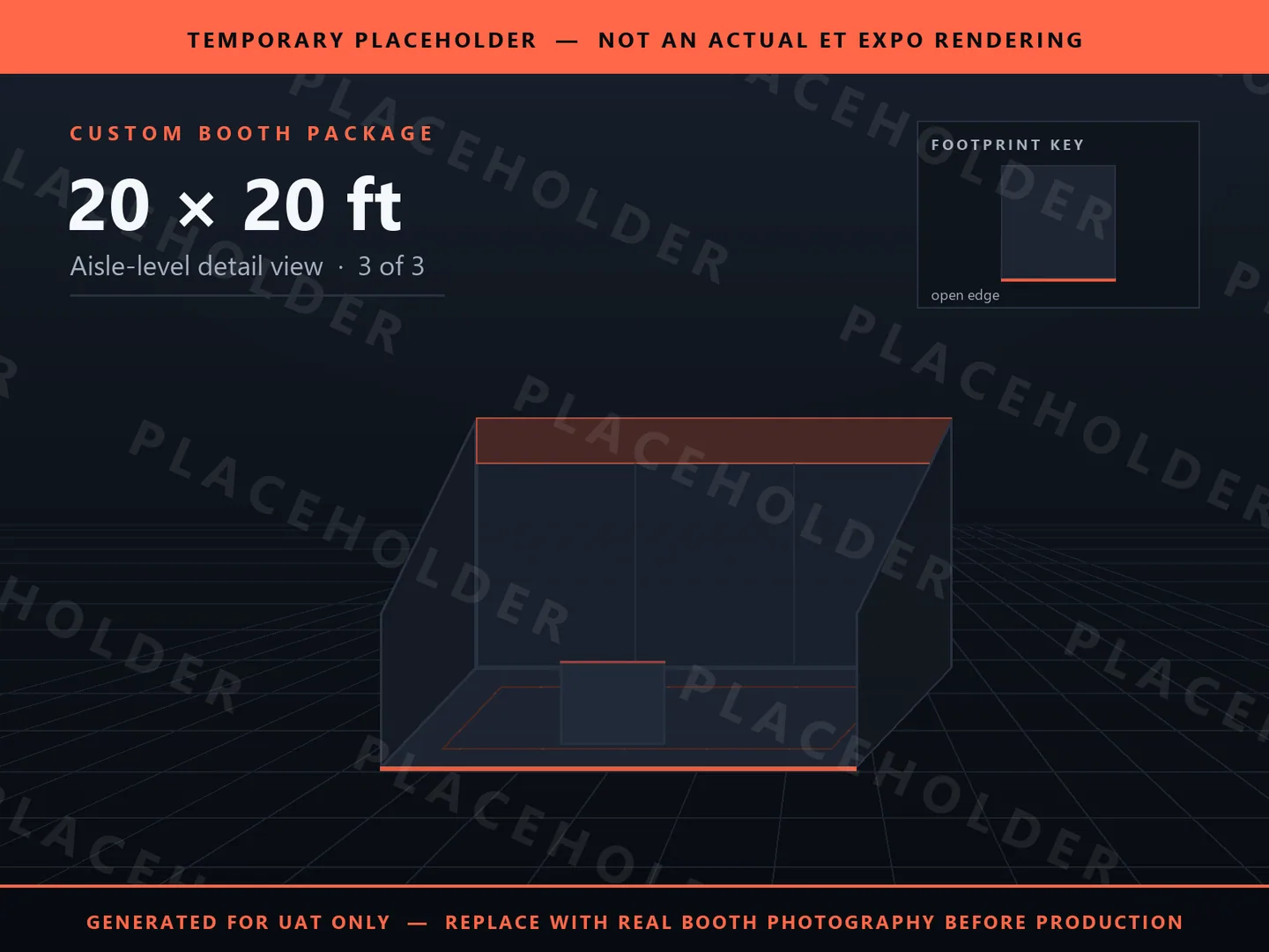 Placeholder graphic for 20 x 20 ft Inline Booth. Schematic massing only, not an actual ET EXPO booth rendering.