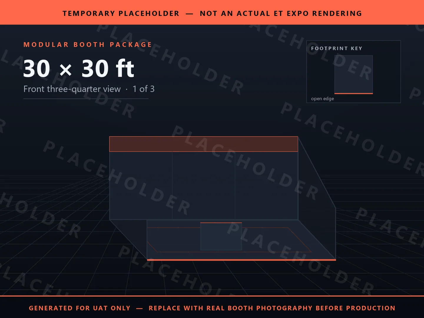 Placeholder graphic for 30 x 30 ft Inline Booth. Schematic massing only, not an actual ET EXPO booth rendering.