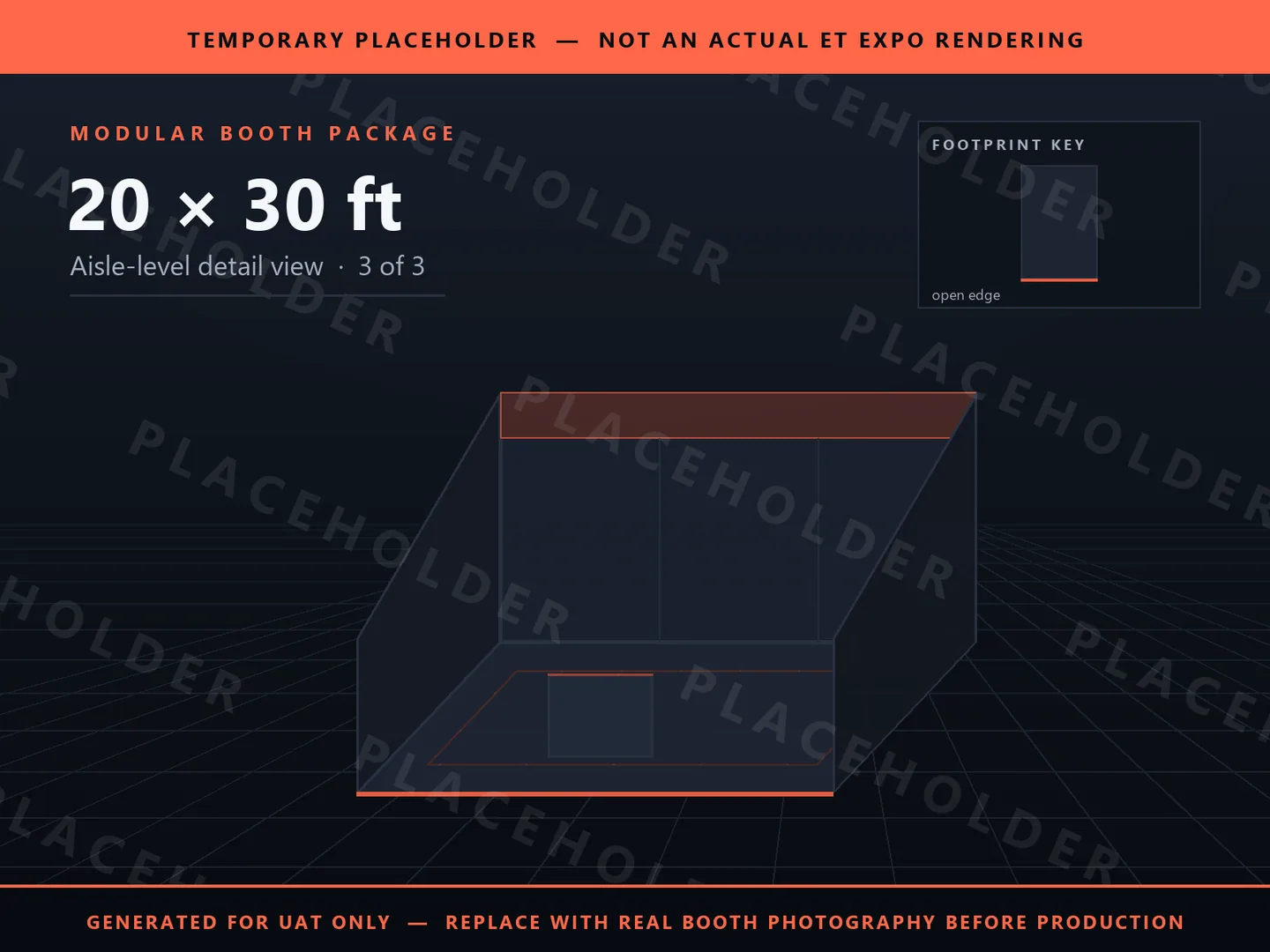 Placeholder graphic for 20 x 30 ft Inline Booth. Schematic massing only, not an actual ET EXPO booth rendering.