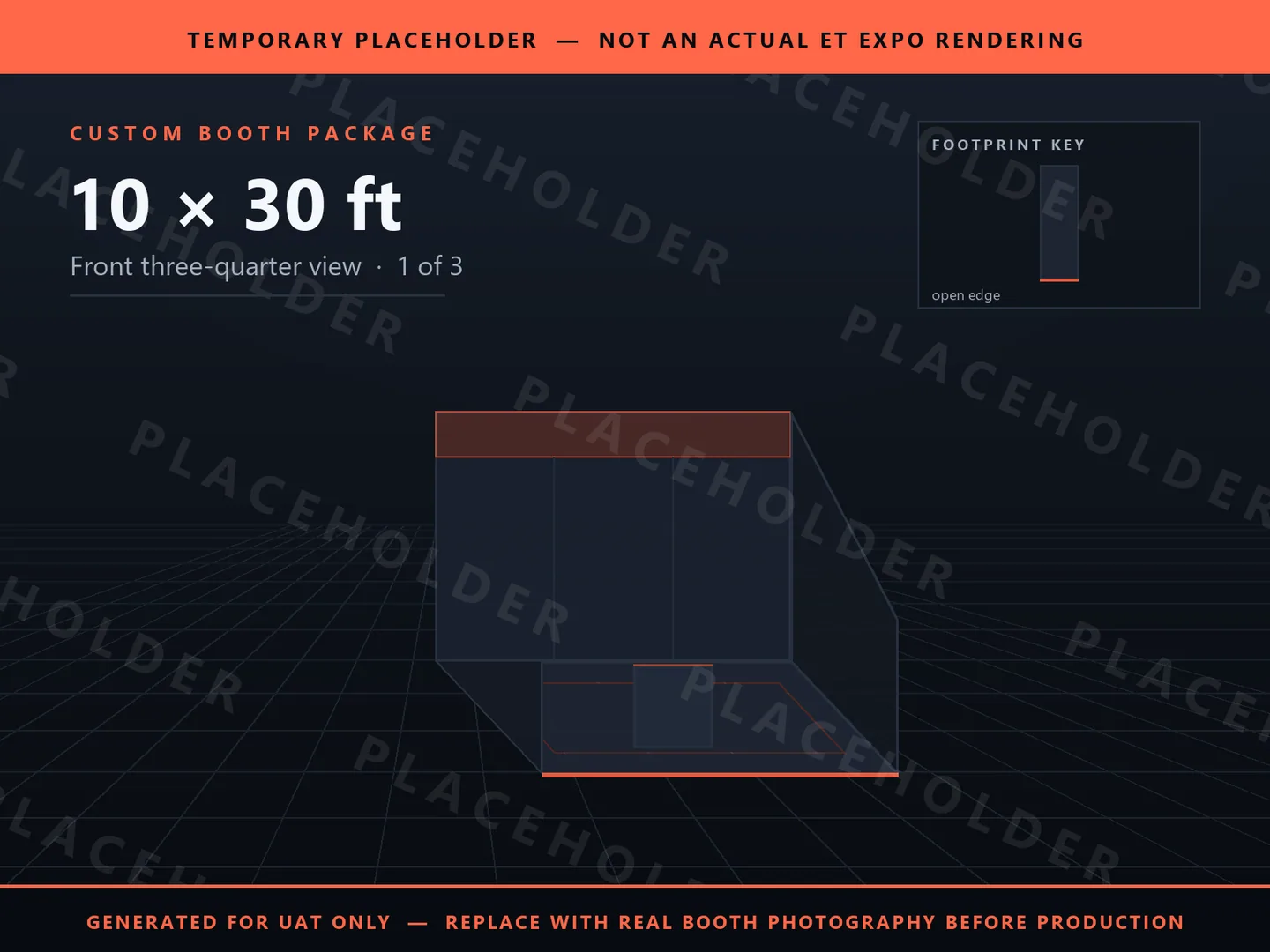 Placeholder graphic for 10 x 30 ft Inline Booth. Schematic massing only, not an actual ET EXPO booth rendering.