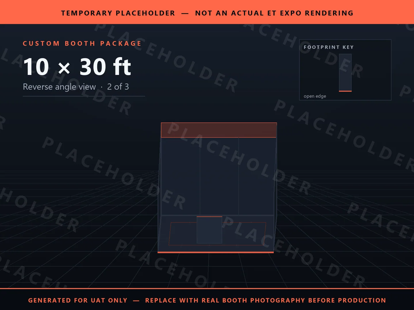 Placeholder graphic for 10 x 30 ft Inline Booth. Schematic massing only, not an actual ET EXPO booth rendering.