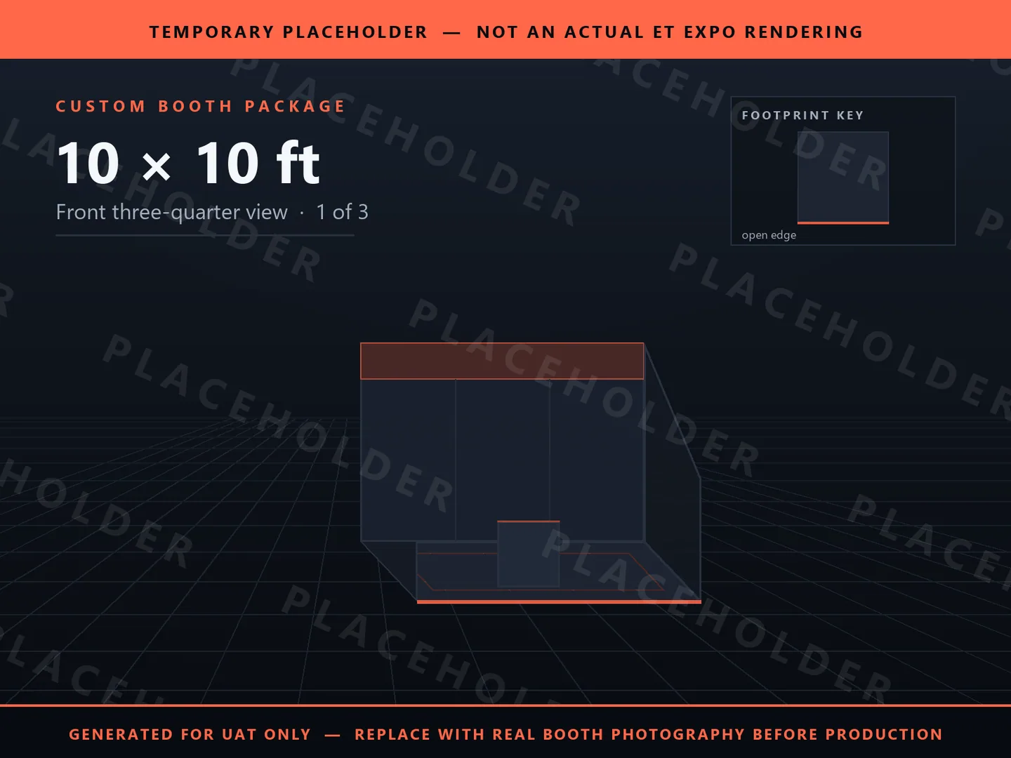 Placeholder graphic for 10 x 10 ft Inline Booth. Schematic massing only, not an actual ET EXPO booth rendering.