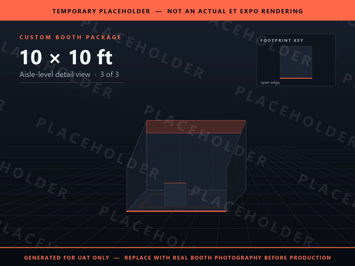 Placeholder graphic for 10 x 10 ft Inline Booth. Schematic massing only, not an actual ET EXPO booth rendering.