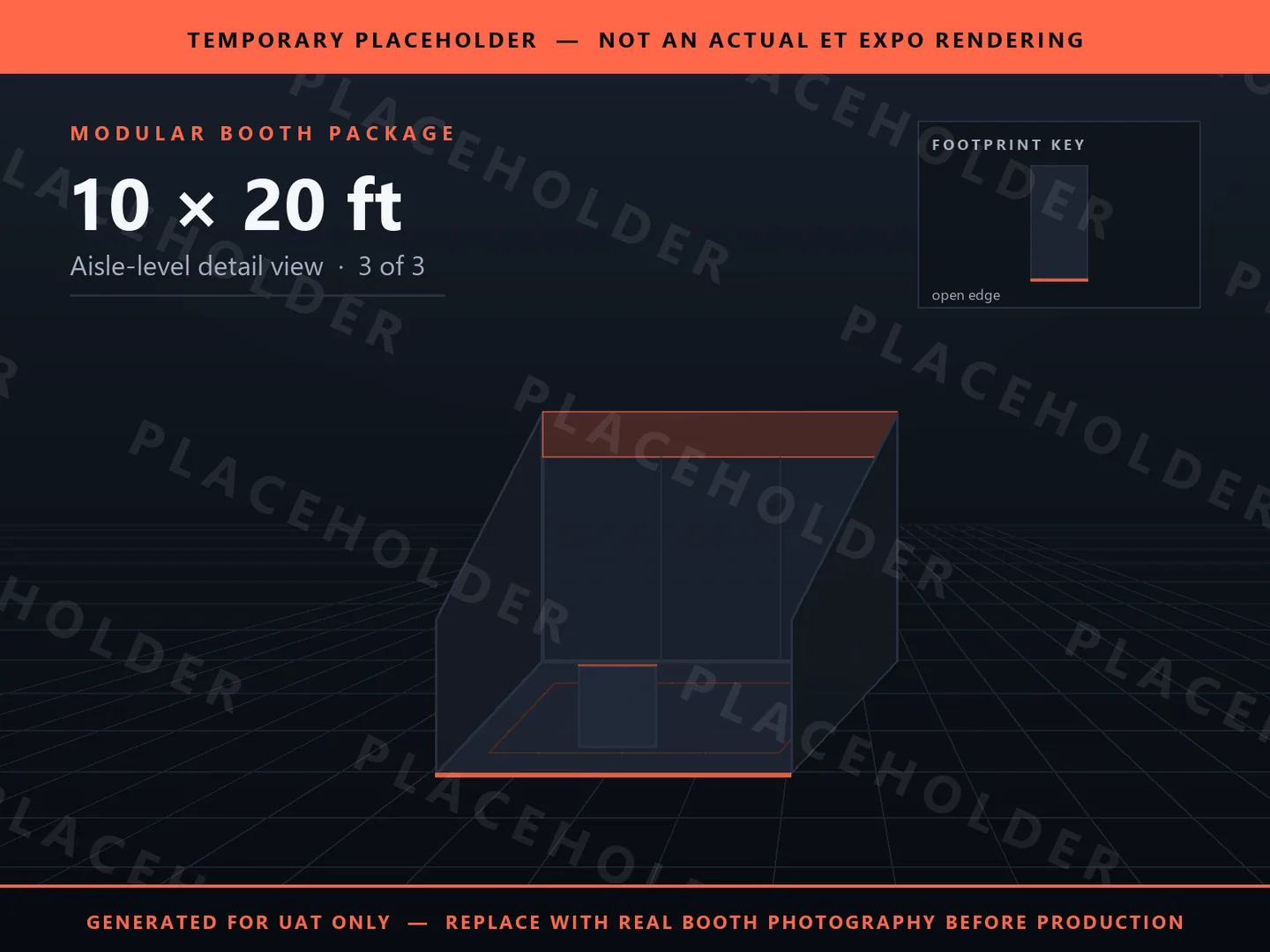 Placeholder graphic for 10 x 20 ft Inline Booth. Schematic massing only, not an actual ET EXPO booth rendering.