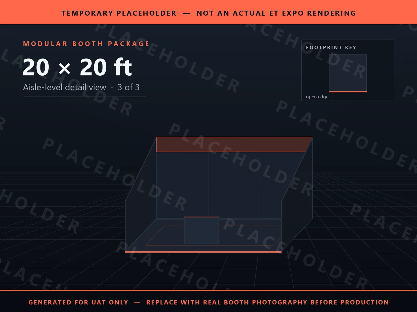 Placeholder graphic for 20 x 20 ft Inline Booth. Schematic massing only, not an actual ET EXPO booth rendering.