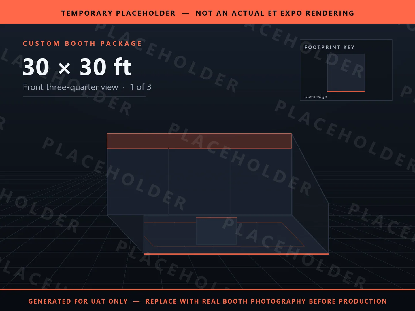 Placeholder graphic for 30 x 30 ft Inline Booth. Schematic massing only, not an actual ET EXPO booth rendering.