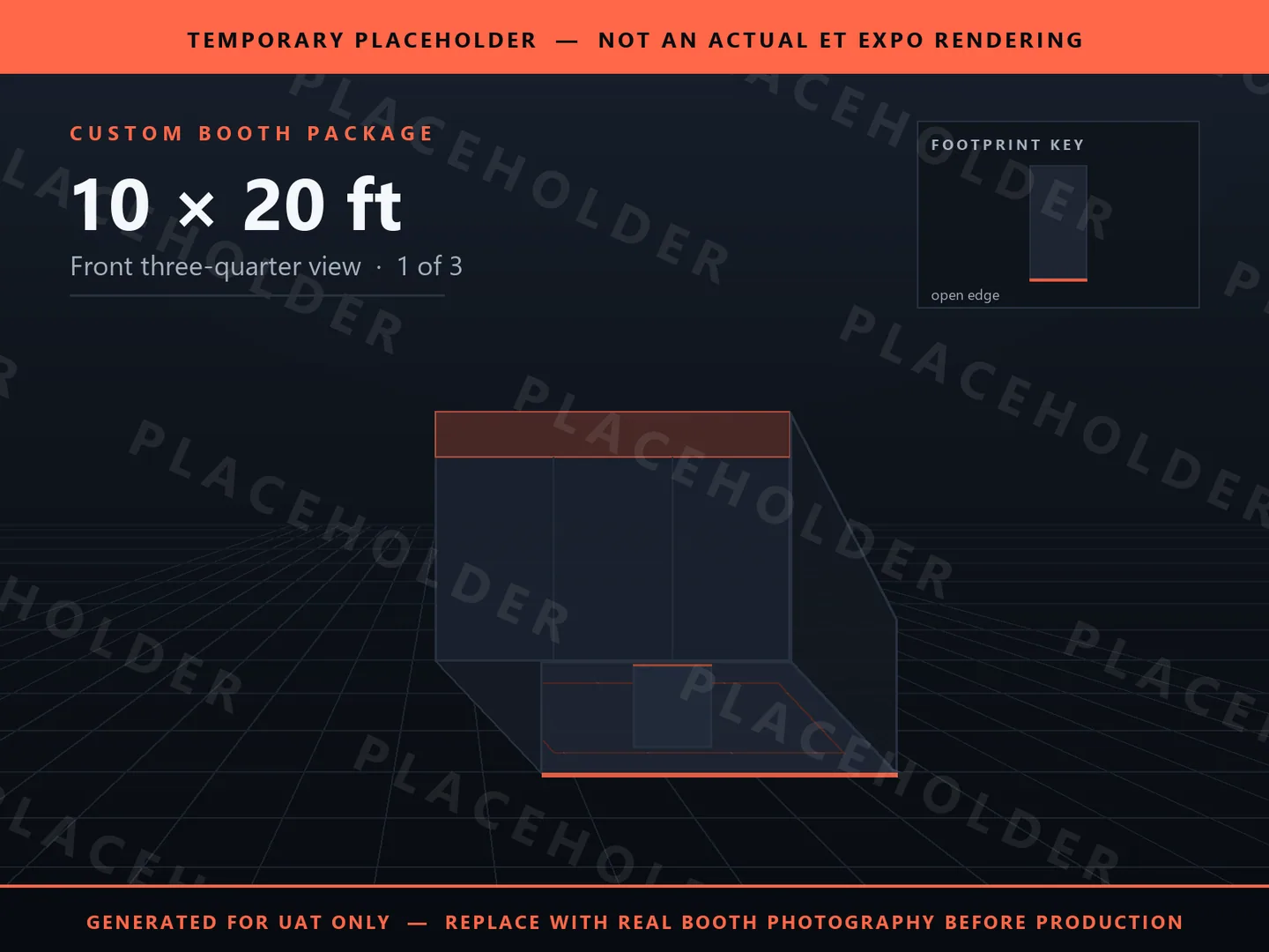 Placeholder graphic for 10 x 20 ft Inline Booth. Schematic massing only, not an actual ET EXPO booth rendering.