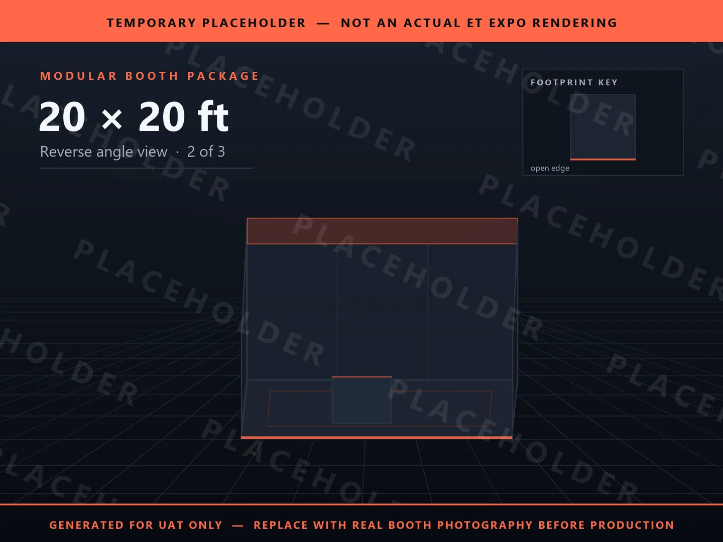 Placeholder graphic for 20 x 20 ft Inline Booth. Schematic massing only, not an actual ET EXPO booth rendering.