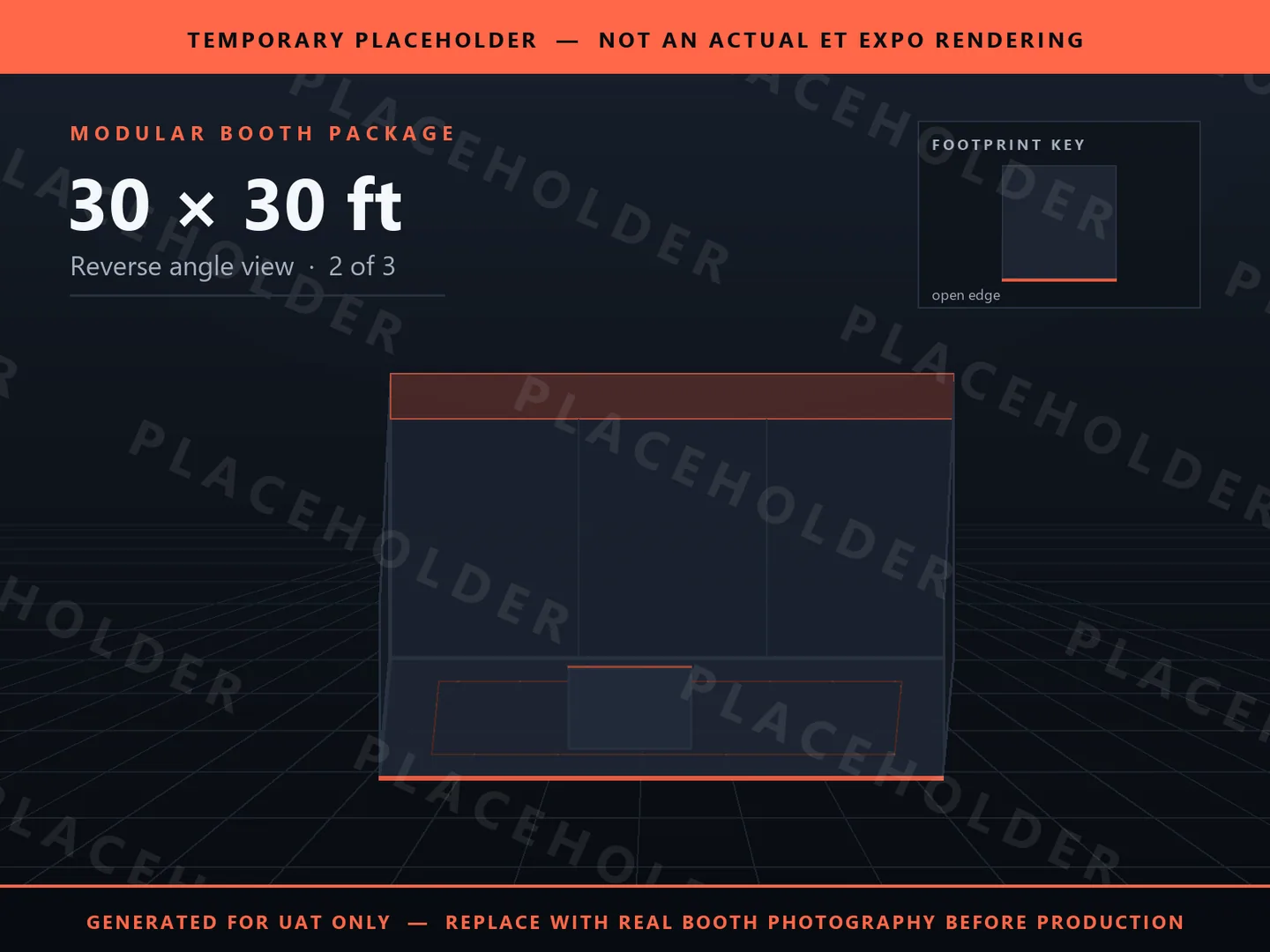Placeholder graphic for 30 x 30 ft Inline Booth. Schematic massing only, not an actual ET EXPO booth rendering.