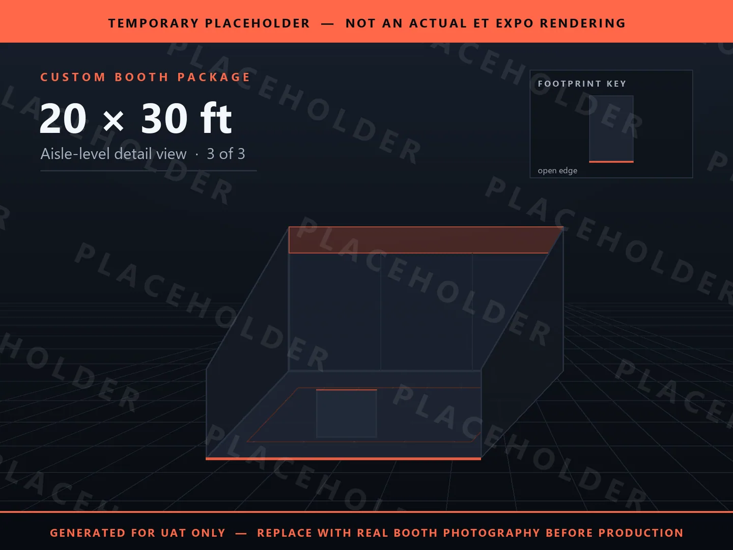 Placeholder graphic for 20 x 30 ft Inline Booth. Schematic massing only, not an actual ET EXPO booth rendering.