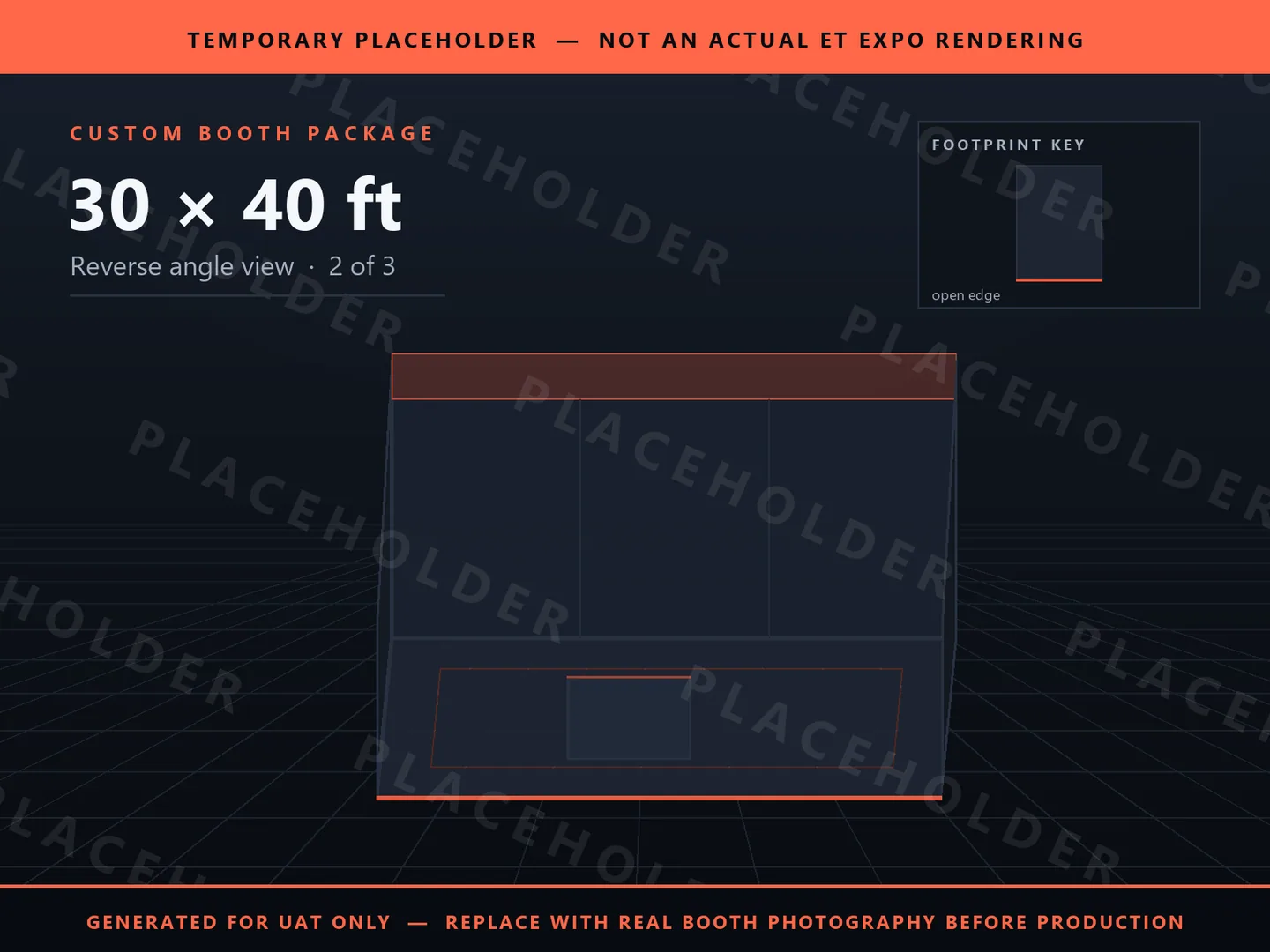 Placeholder graphic for 30 x 40 ft Inline Booth. Schematic massing only, not an actual ET EXPO booth rendering.