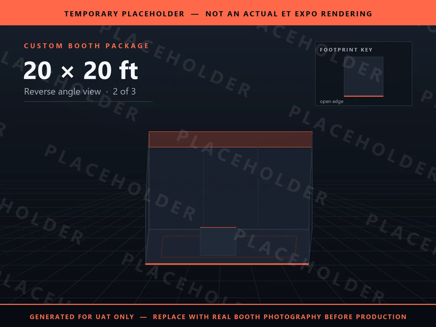 Placeholder graphic for 20 x 20 ft Inline Booth. Schematic massing only, not an actual ET EXPO booth rendering.