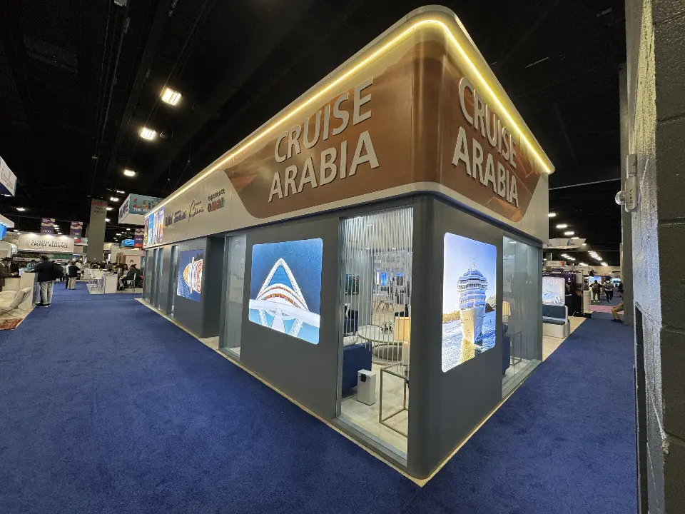 White booth corner with a backlit desert header and lit window lightboxes