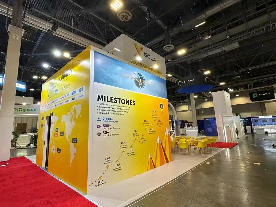 Yellow SolaX wall with Milestones timeline graphic and yellow seating behind