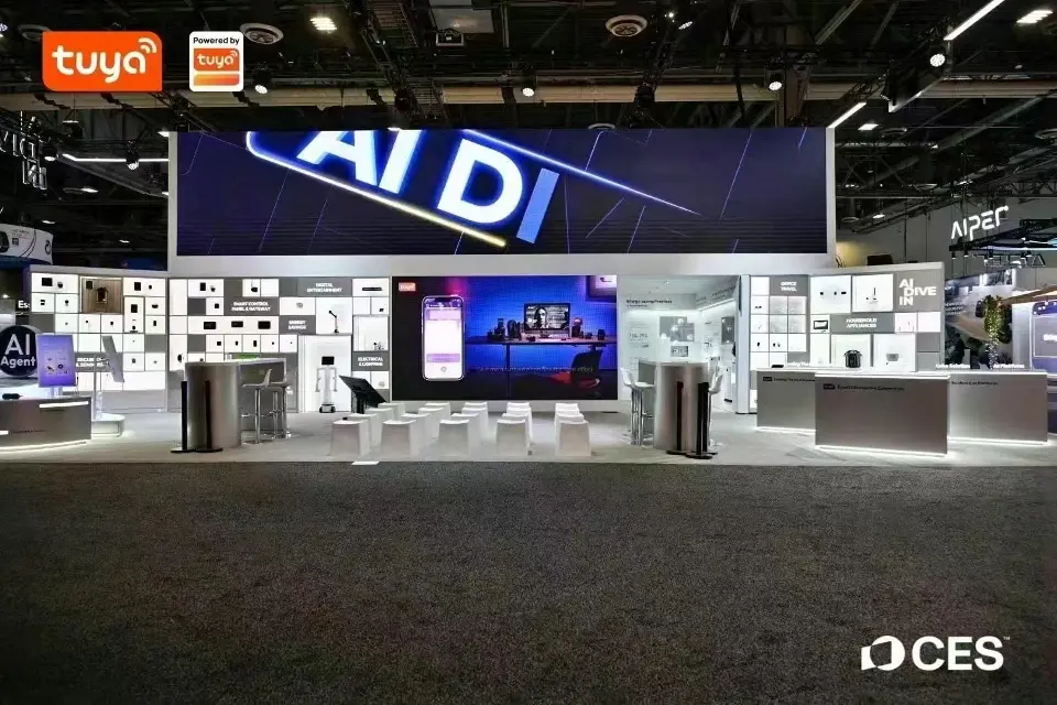 Front of the Tuya booth with AI Dive In header and long product wall