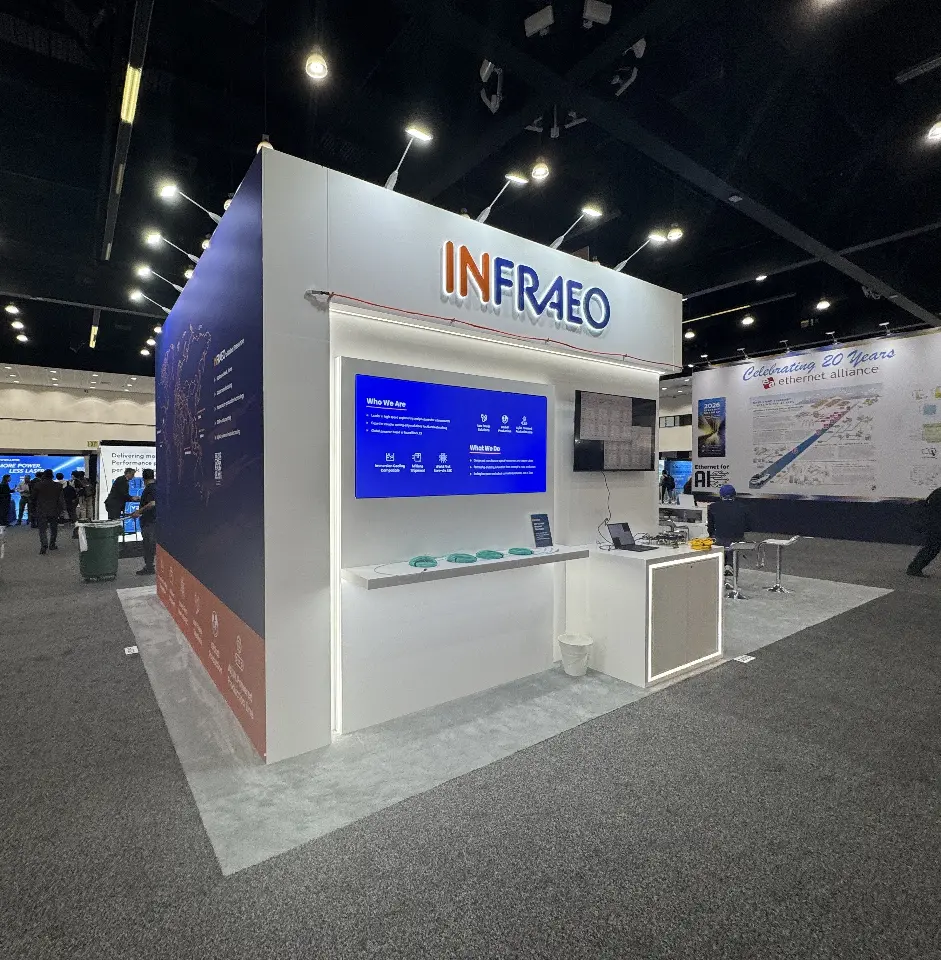 Side wall of the Infraeo stand with a product graphic panel and a shelf of transceiver modules