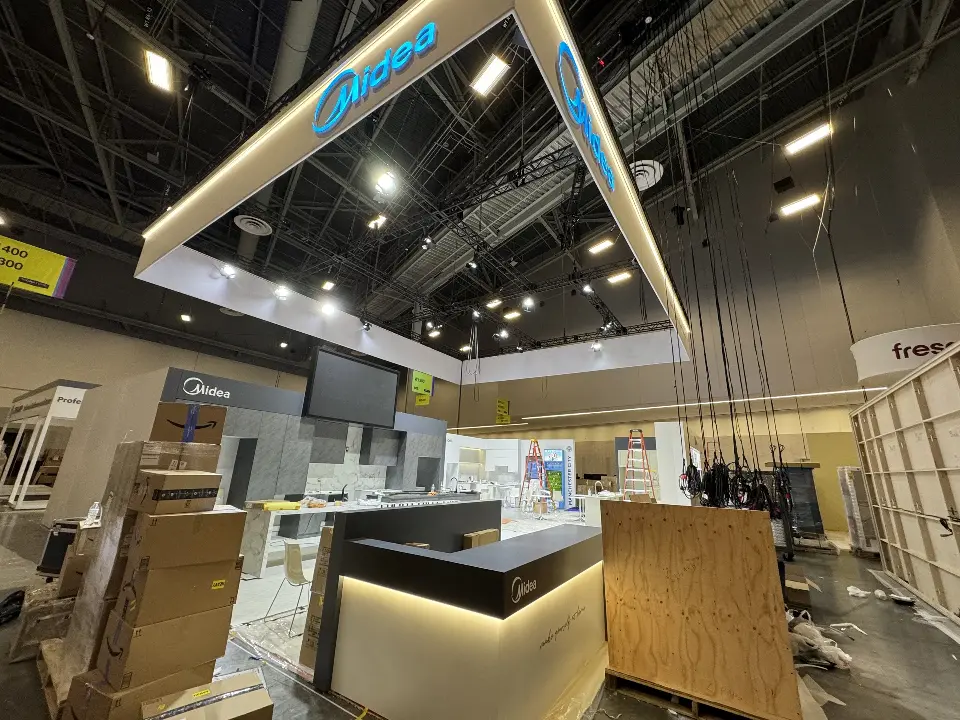 During installation: closer view of the lit reception counter and packing material