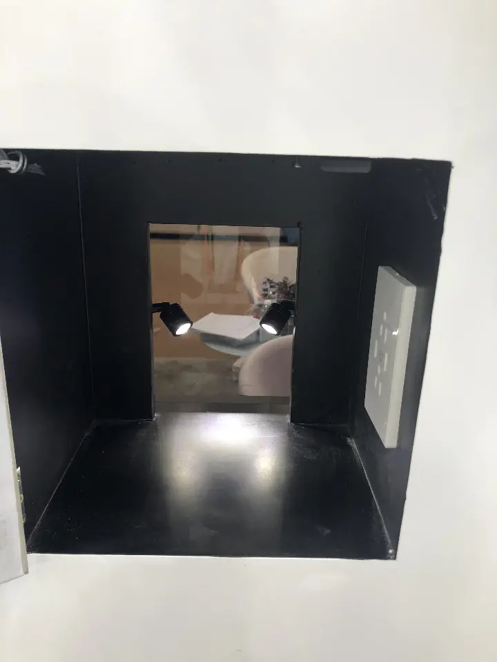 Close-up of an empty lit display niche showing its interior