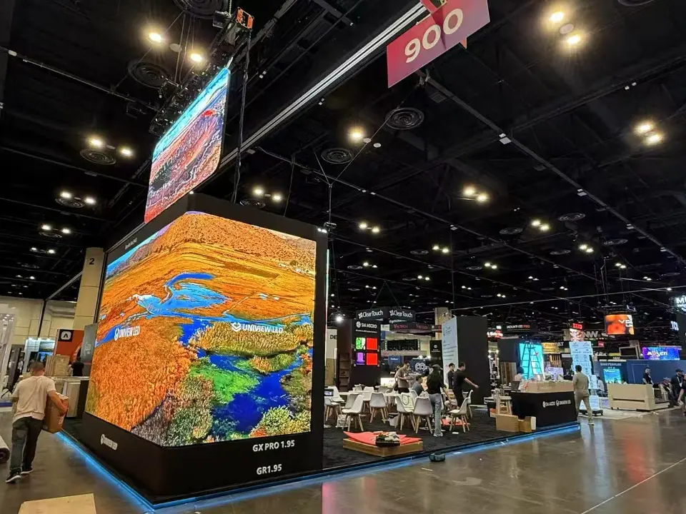 Corner video cube showing a landscape image with a hanging screen above