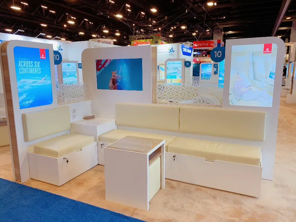 Bench pod with lit edges on the seats and backlit panels