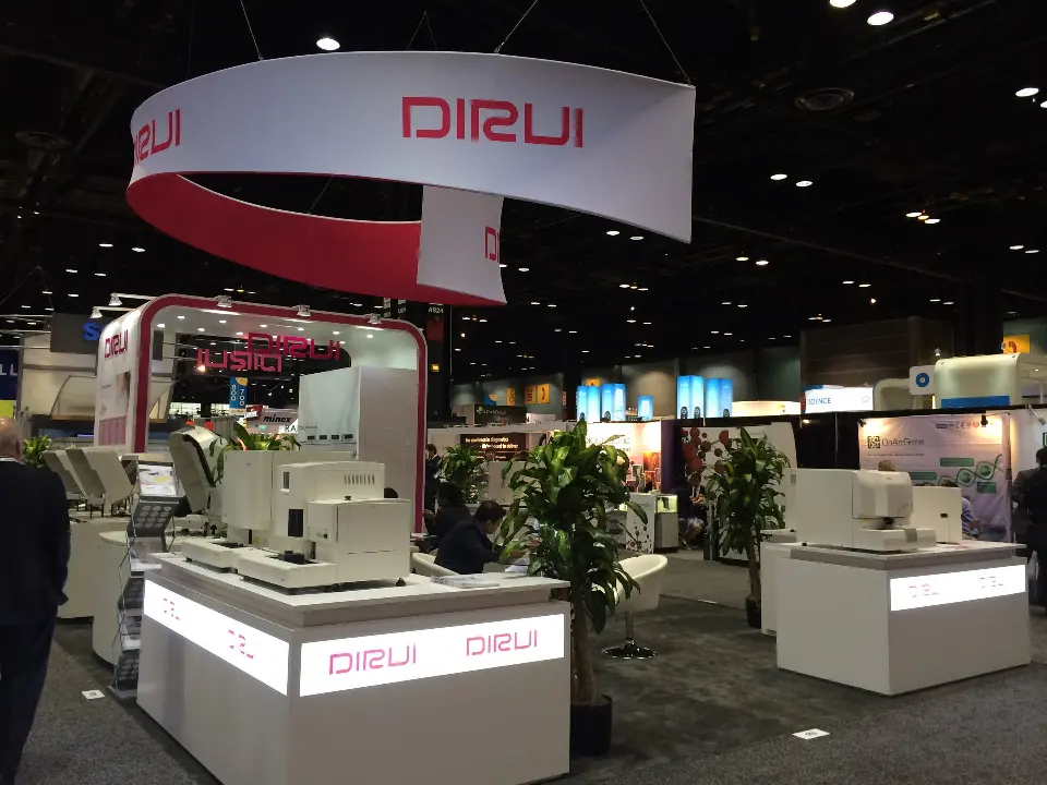 White DIRUI counters with lit logo strips and lab analyzers on display
