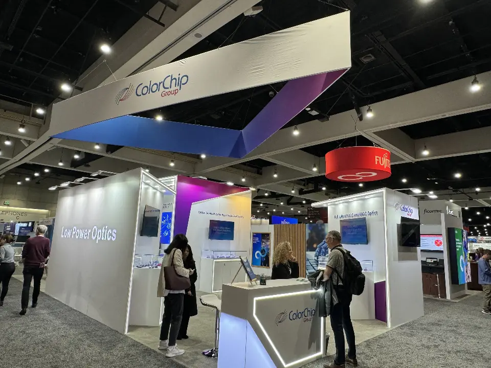 Front view with angled ColorChip sign, lit white counter and wall screens