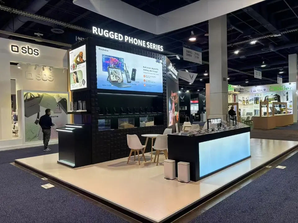 Rugged Phone Series corner of the Blackview stand with black display counters and white chairs