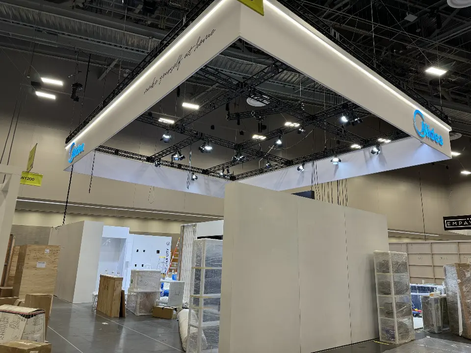 During installation: white wall panels going up beneath the suspended frame